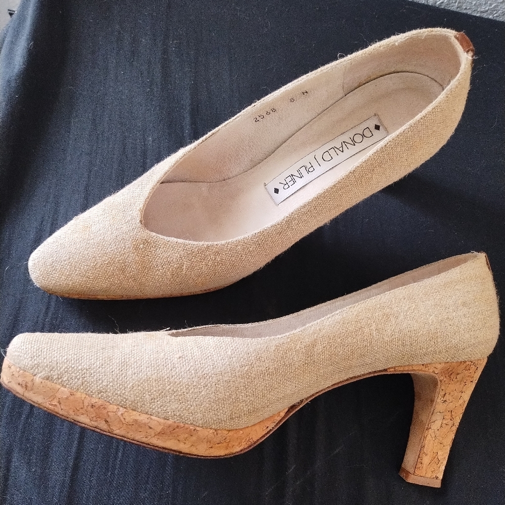 Daniel Pliner Linen Leather And Cork Heels Size 8M Made In Spain